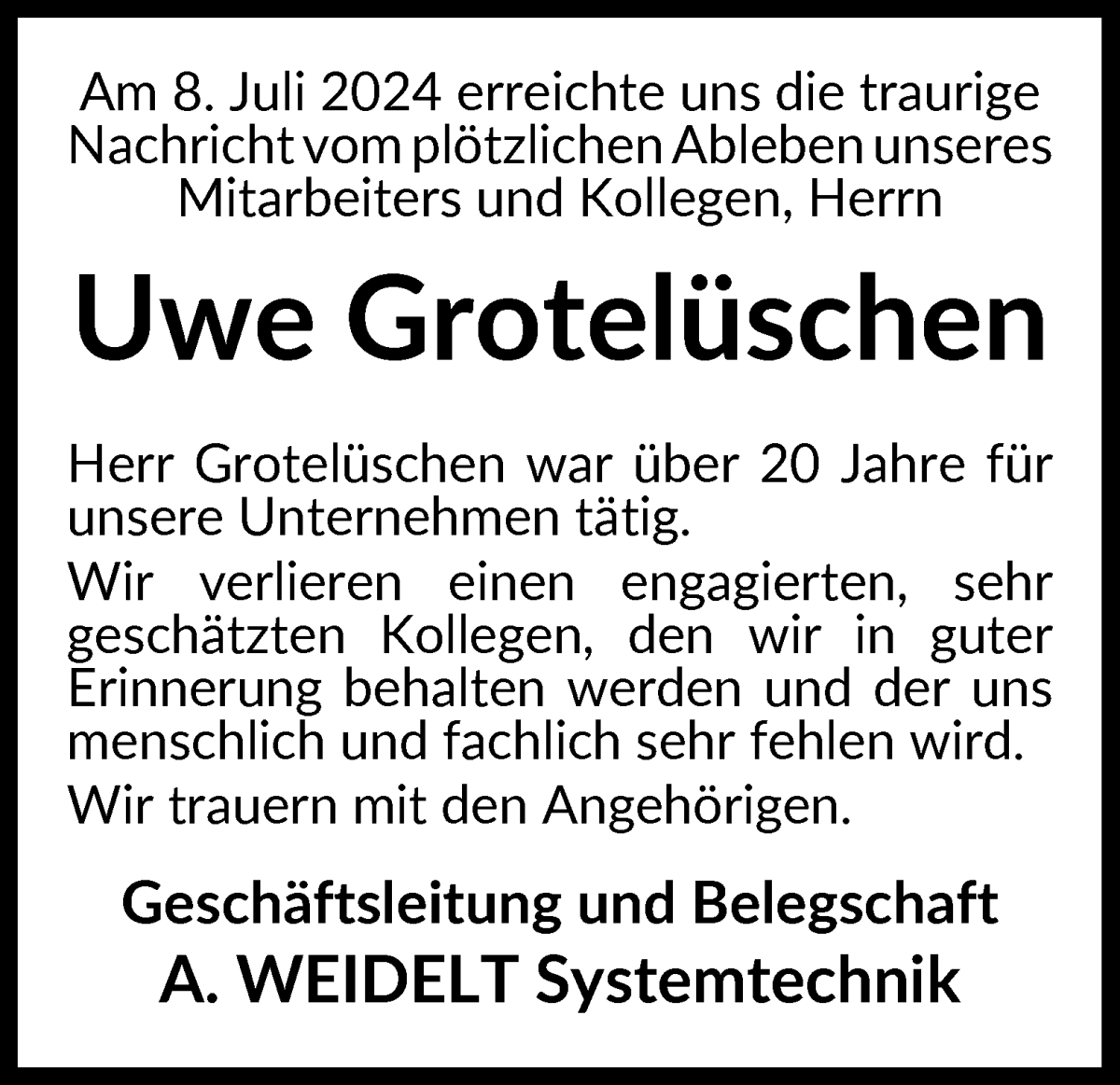  Traueranzeige für Uwe Grotelüschen vom 13.07.2024 aus WESER-KURIER