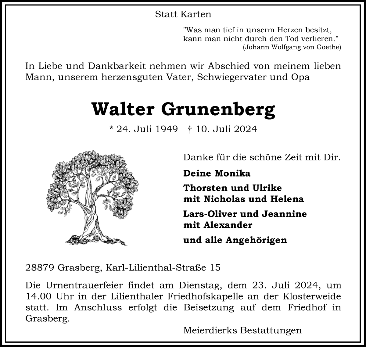 Traueranzeige von Walter Grunenberg von Wuemme Zeitung