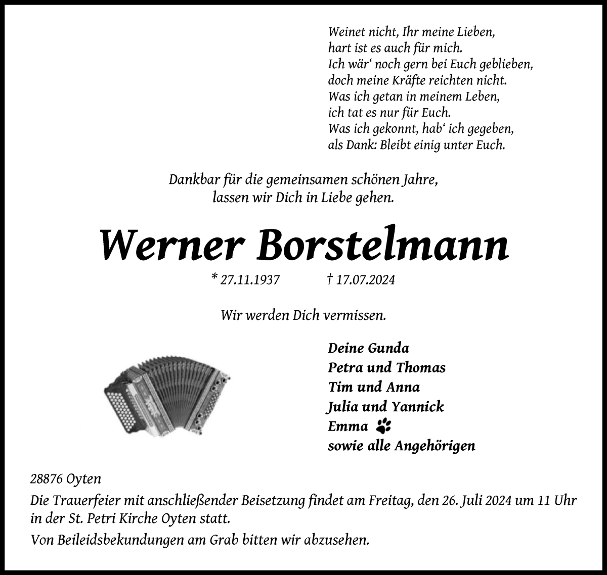 Traueranzeige von Werner Borstelmann von WESER-KURIER