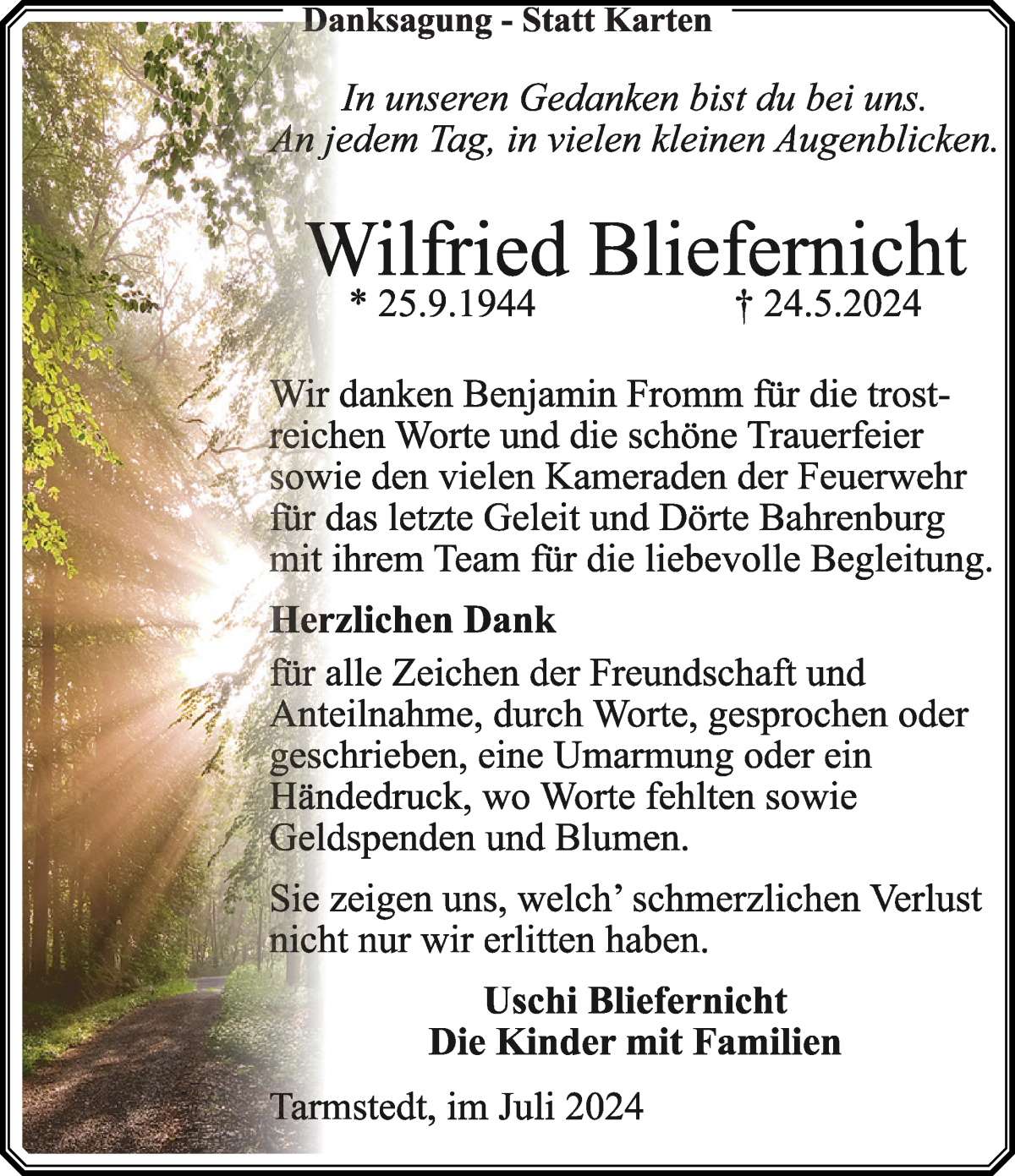 Traueranzeige von Wilfried Bliefernicht von Wuemme Zeitung