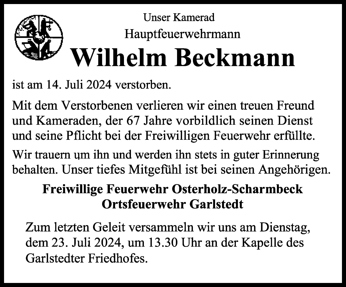 Traueranzeige von Wilhelm Beckmann von Osterholzer Kreisblatt