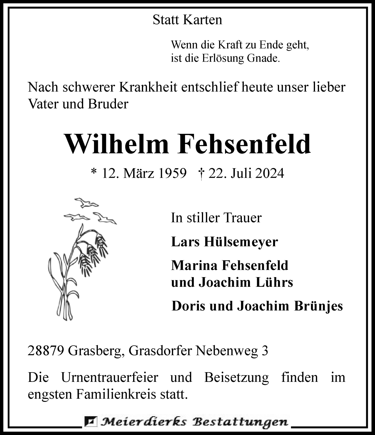 Traueranzeige von Wilhelm Fehsenfeld von Wuemme Zeitung