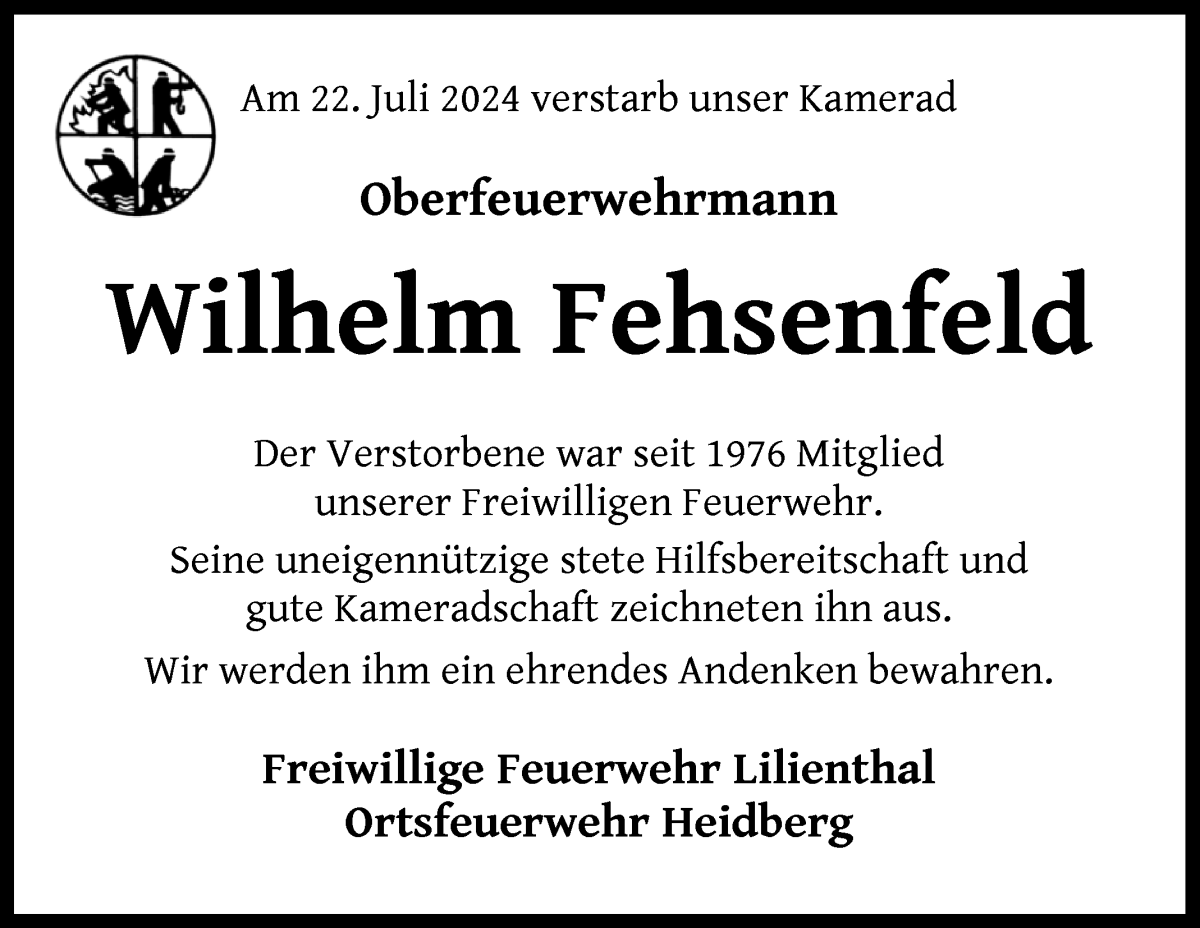 Traueranzeige von Wilhelm Fehsenfeld von Wuemme Zeitung