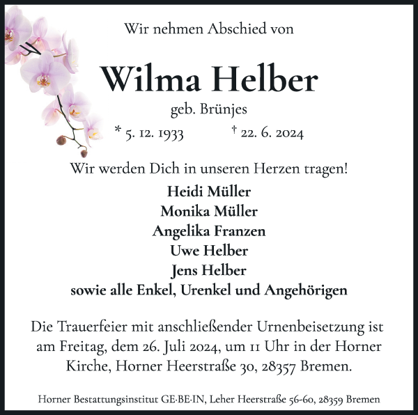 Traueranzeige von Wilma Helber von WESER-KURIER