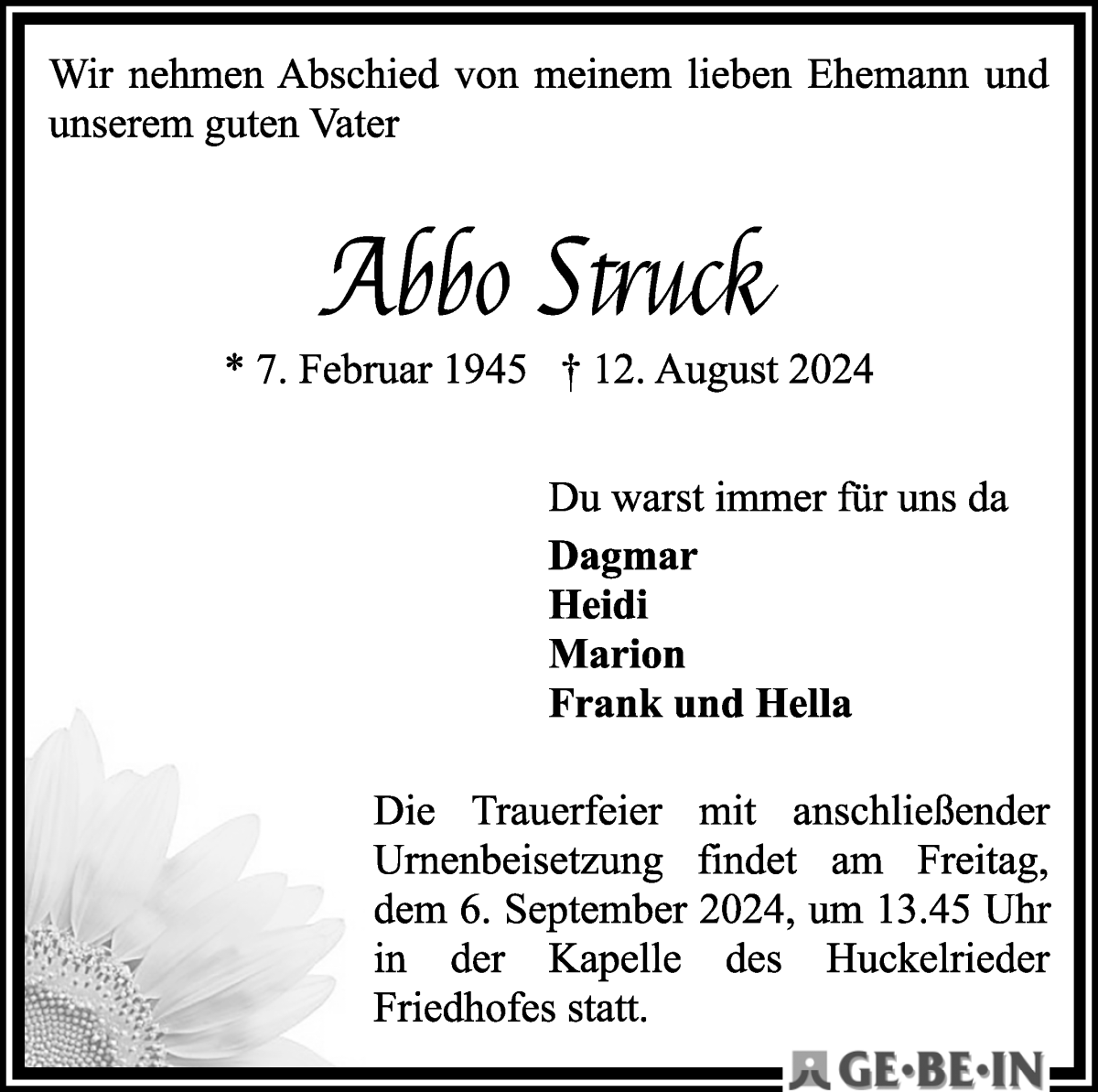 Traueranzeige von Abbo Struck von WESER-KURIER