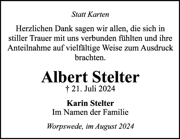 Traueranzeige von Albert Stelter von Wuemme Zeitung