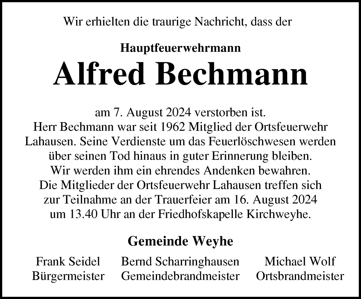 Traueranzeige von Alfred Bechmann von Regionale Rundschau/Syker Kurier