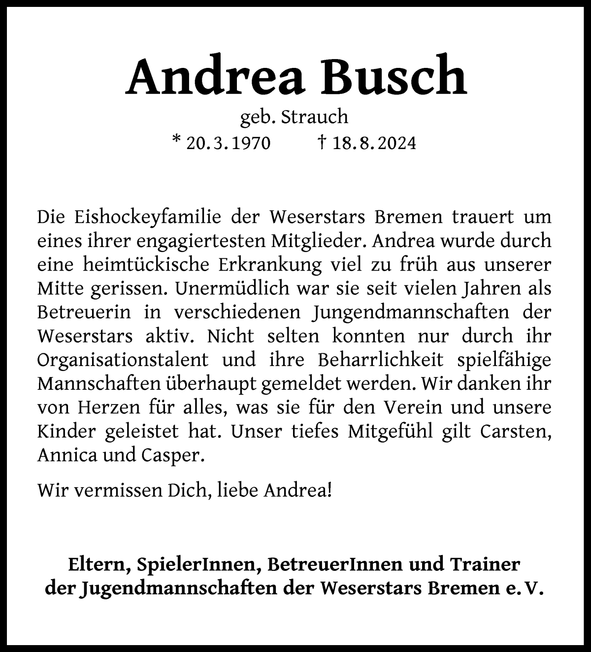 Traueranzeige von Andrea Busch von WESER-KURIER