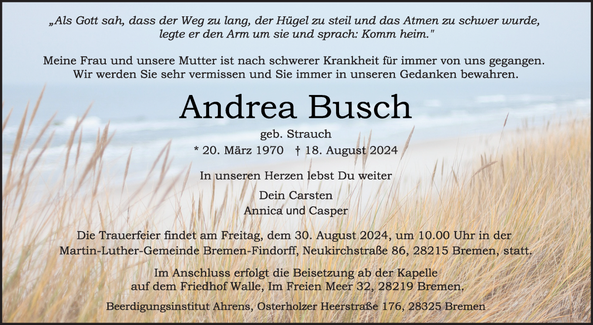  Traueranzeige für Andrea Busch vom 24.08.2024 aus WESER-KURIER