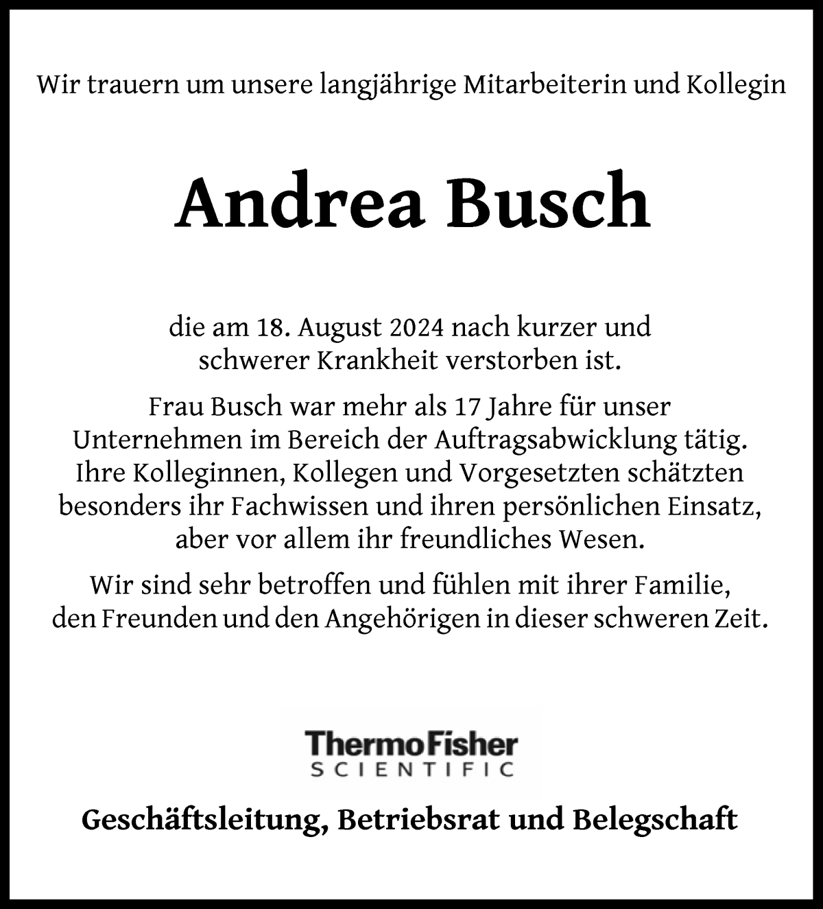 Traueranzeige von Andrea Busch von WESER-KURIER