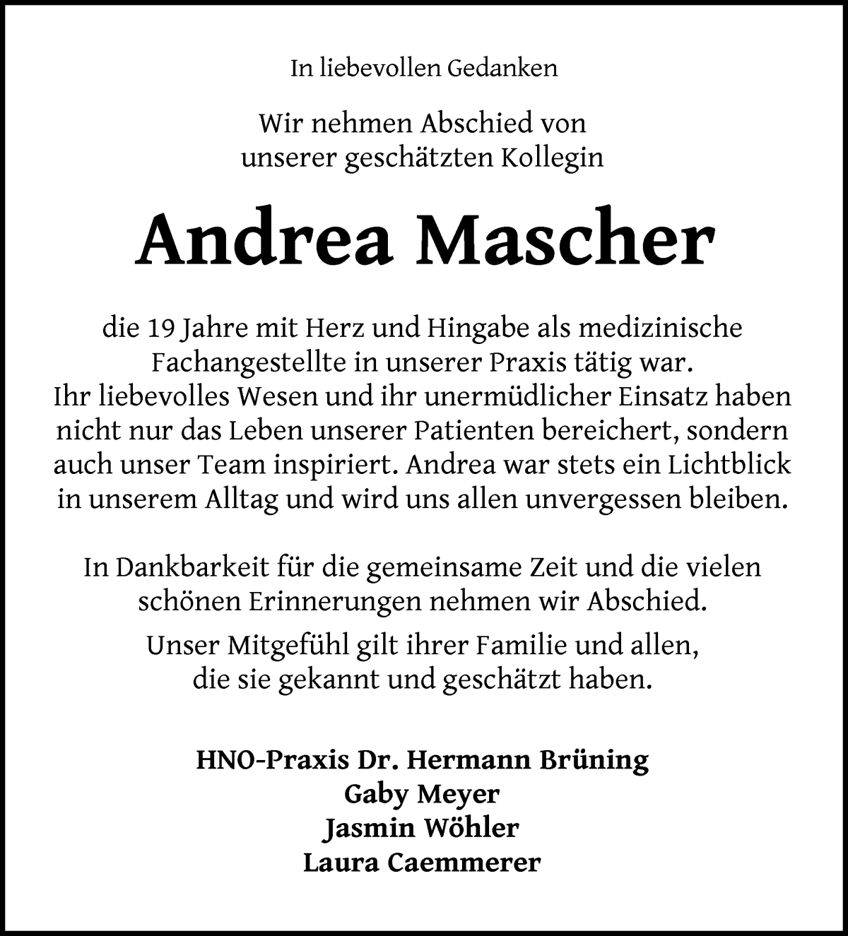 Traueranzeige von Andrea Mascher von Die Norddeutsche