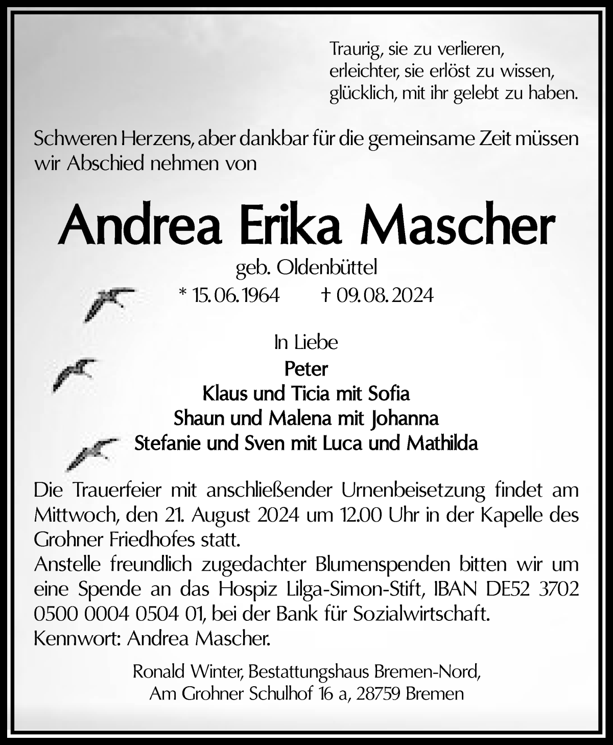 Traueranzeige von Andrea Mascher von Die Norddeutsche