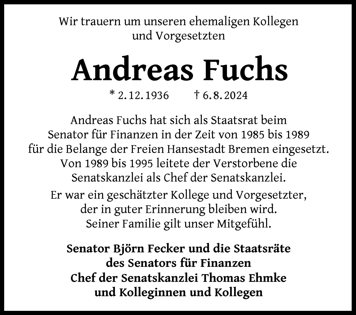 Traueranzeige von Andreas Fuchs von WESER-KURIER