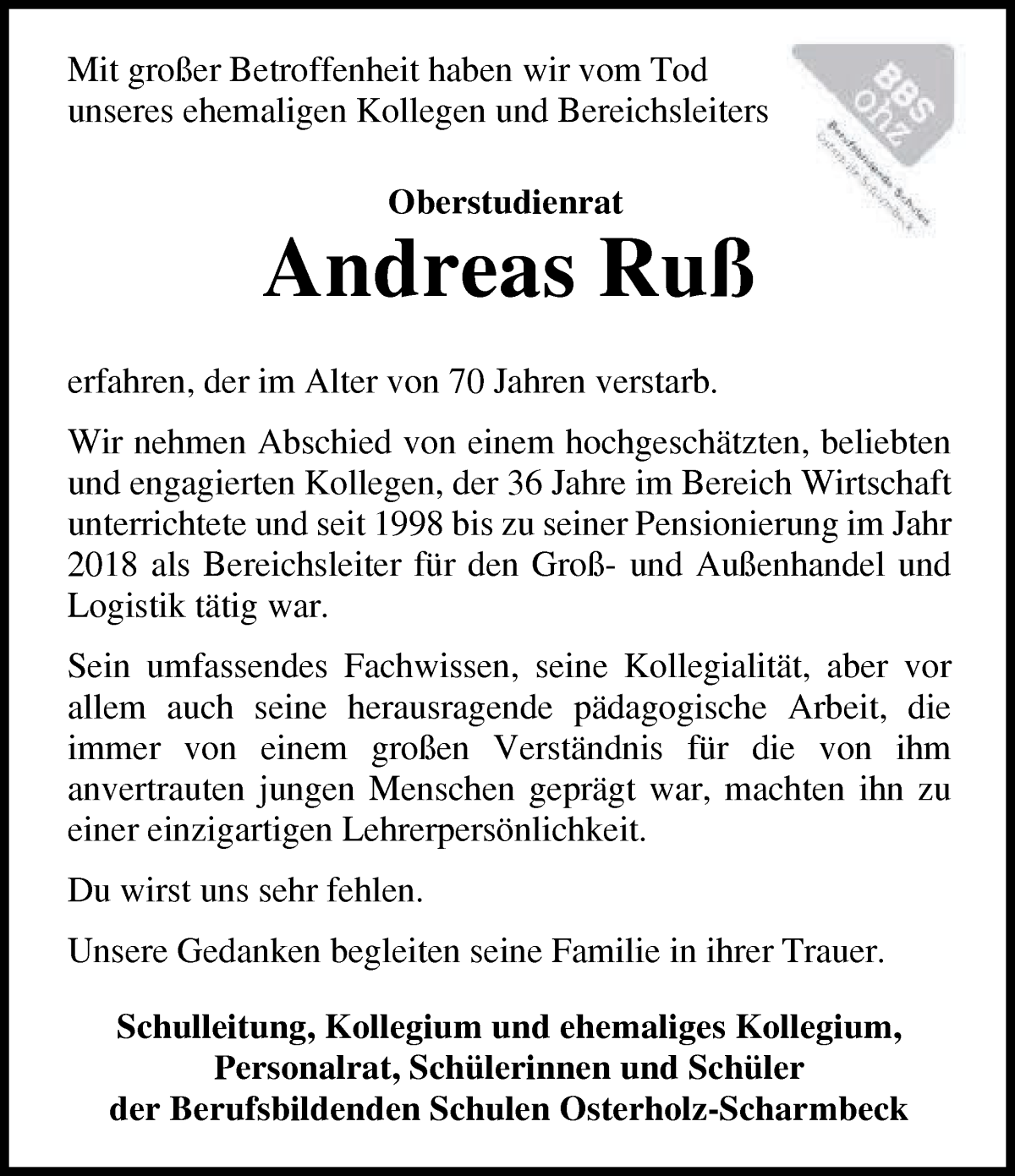 Traueranzeige von Andreas Ruß von Osterholzer Kreisblatt