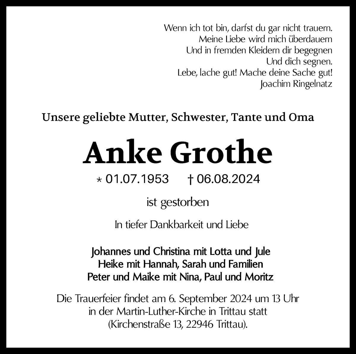 Traueranzeige von Anke Grothe von WESER-KURIER