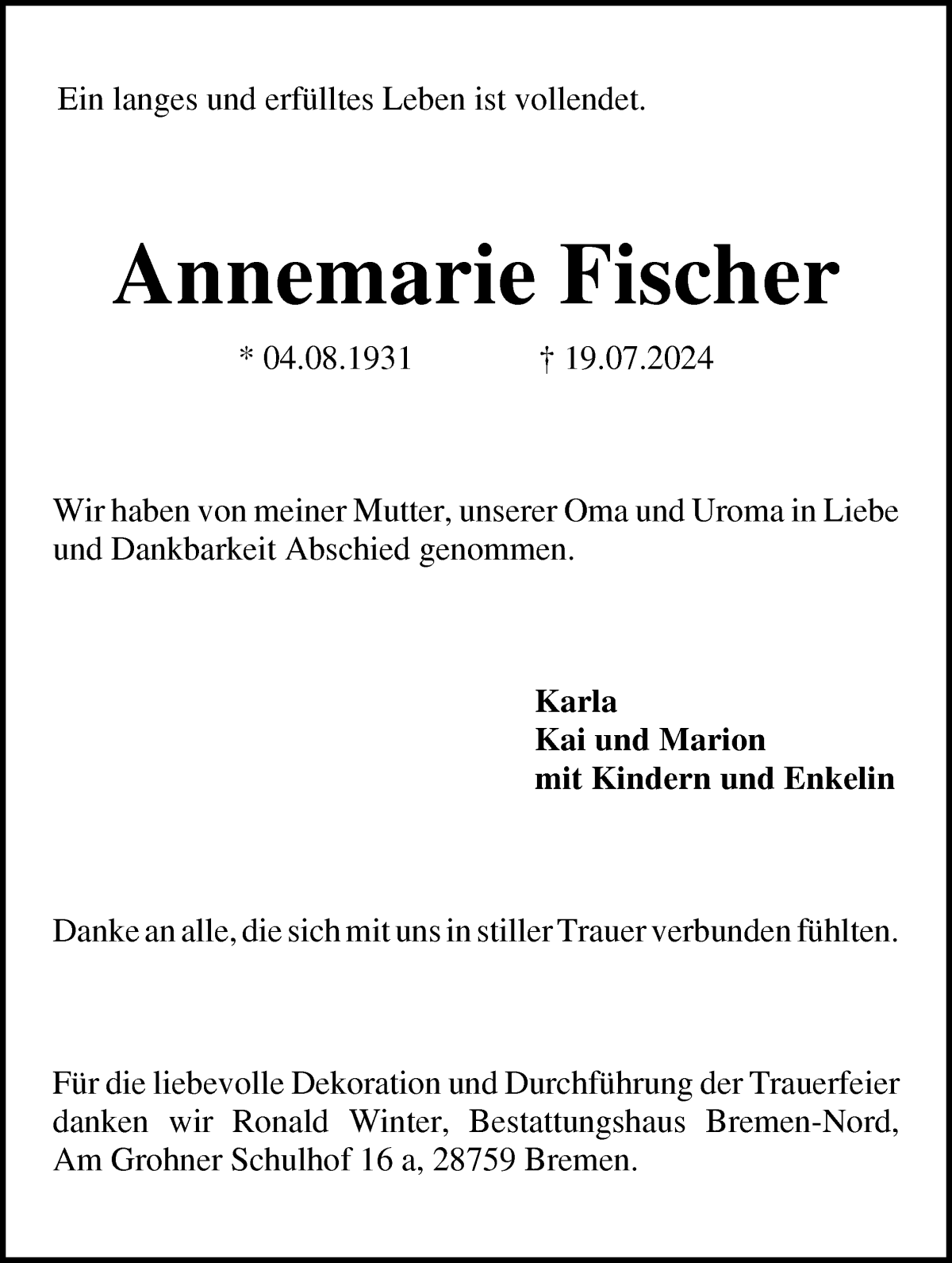 Traueranzeige von Annemarie Fischer von WESER-KURIER