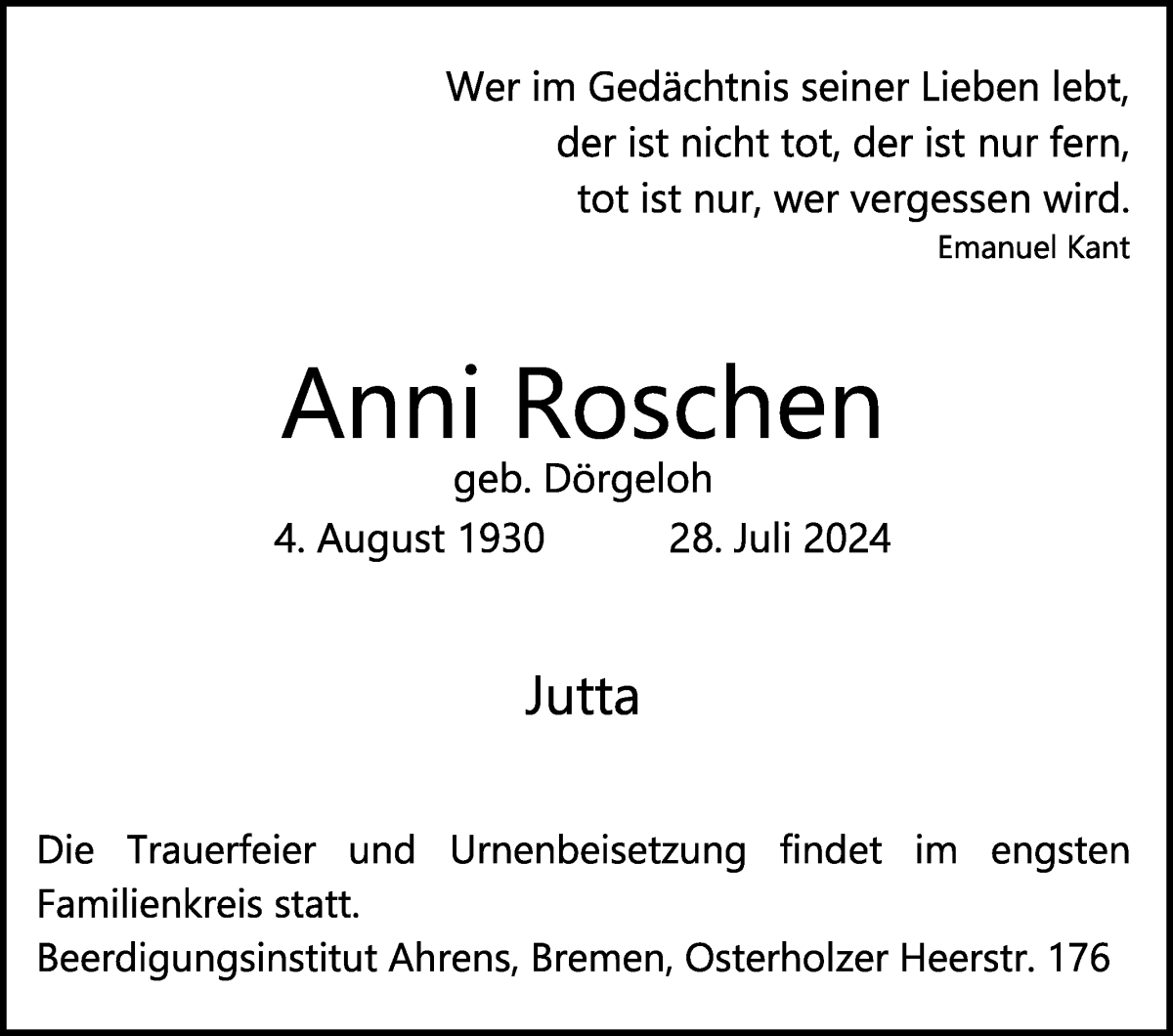 Traueranzeige von Anni Roschen von WESER-KURIER