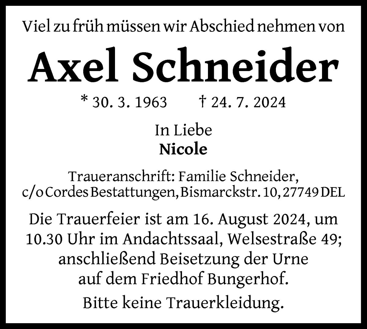 Traueranzeige von Axel Schneider von WESER-KURIER