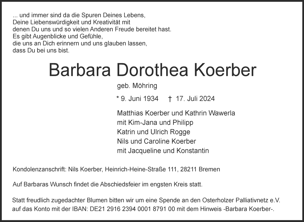 Traueranzeige von Barbara Dorothea Koerber von WESER-KURIER