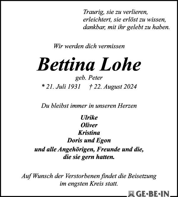 Traueranzeige von Bettina Lohe von WESER-KURIER