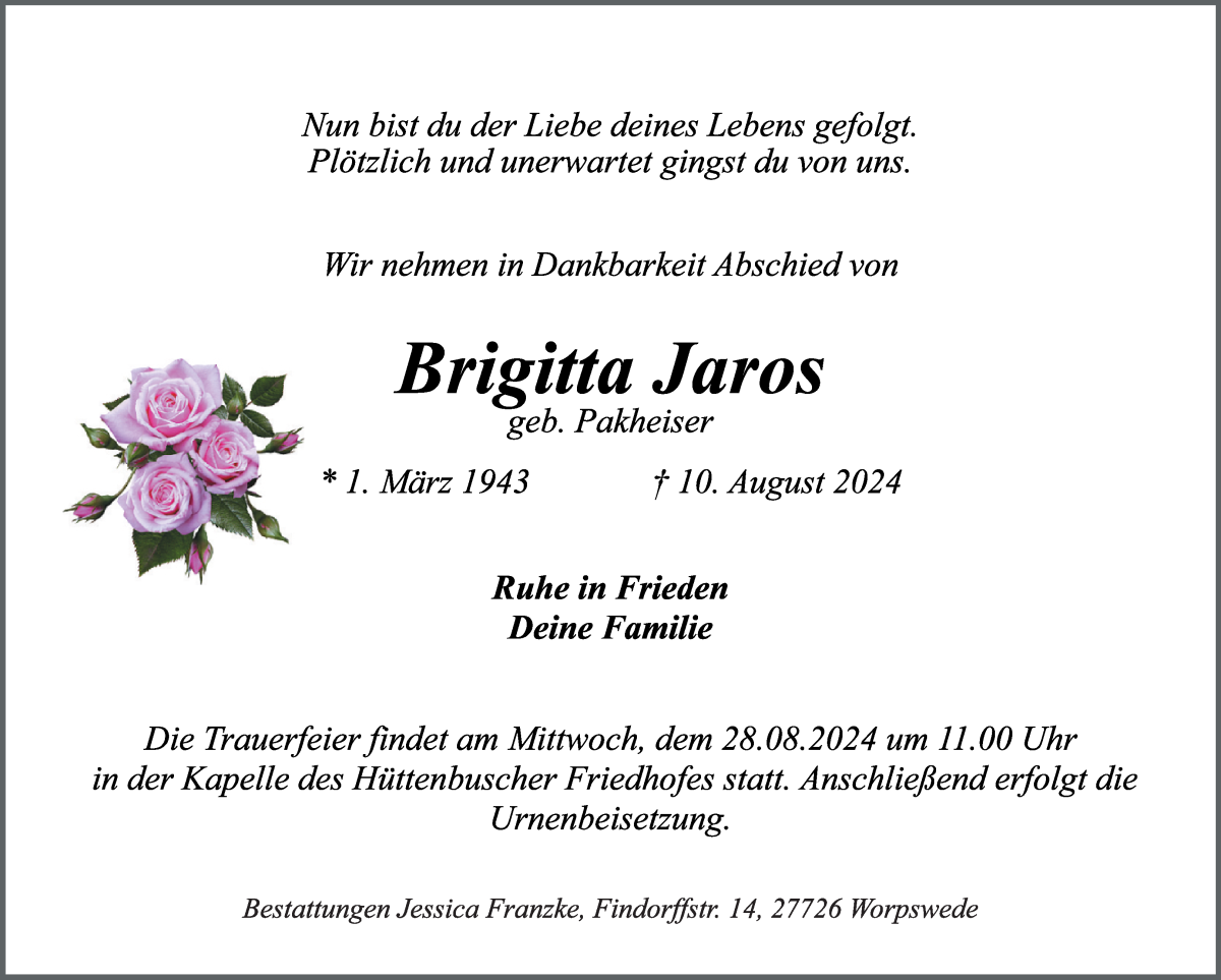 Traueranzeige von Brigitta Jaros von Wuemme Zeitung