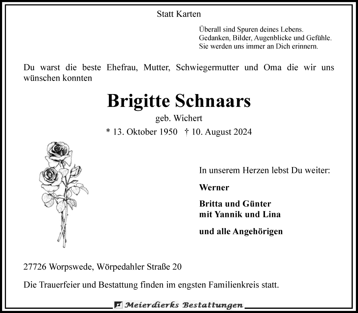 Traueranzeige von Brigitte Schnaars von Wuemme Zeitung