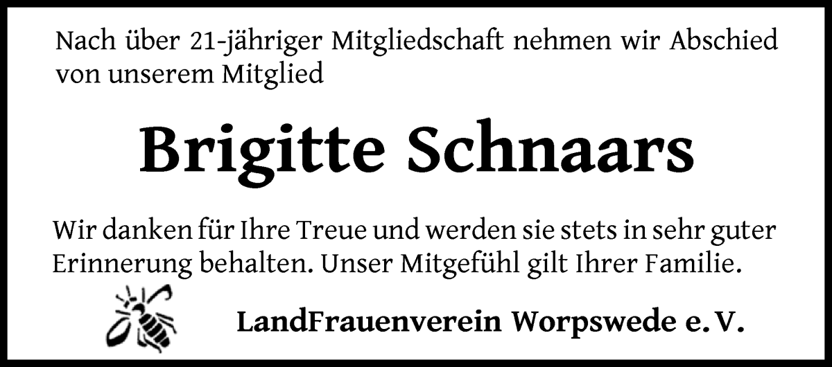 Traueranzeige von Brigitte Schnaars von Wuemme Zeitung