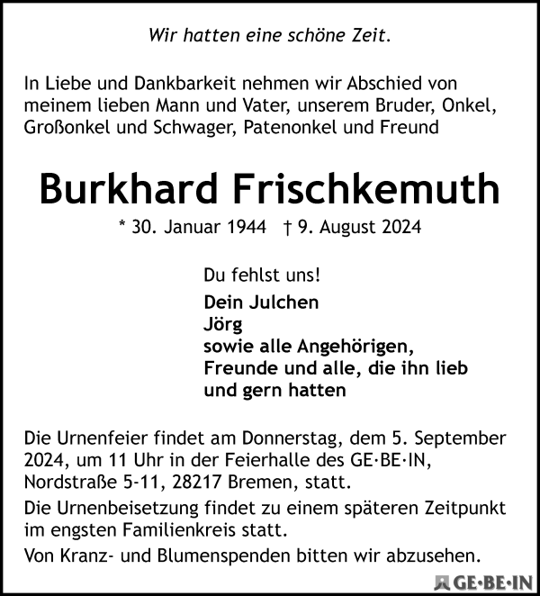 Traueranzeige von Burkhard Frischkemuth von WESER-KURIER