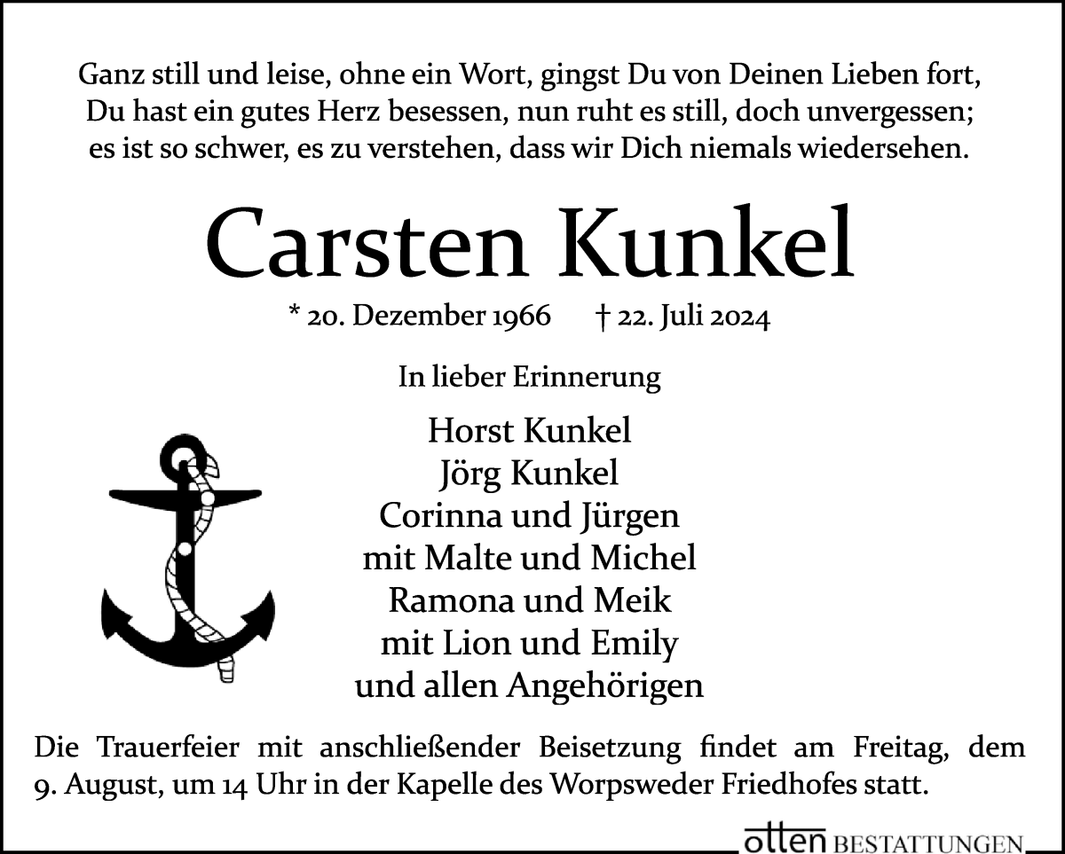 Traueranzeige von Carsten Kunkel von Wuemme Zeitung