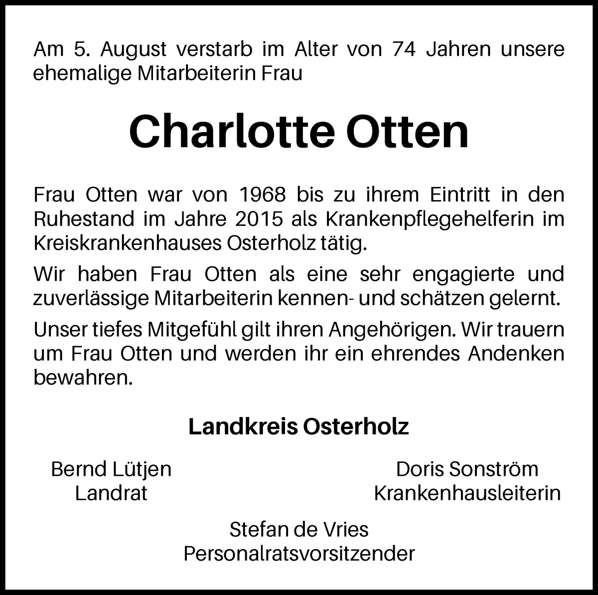 Traueranzeige von Charlotte Otten von Osterholzer Kreisblatt