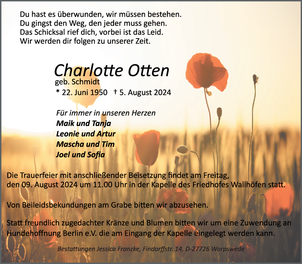 Traueranzeige von Charlotte Otten von Osterholzer Kreisblatt