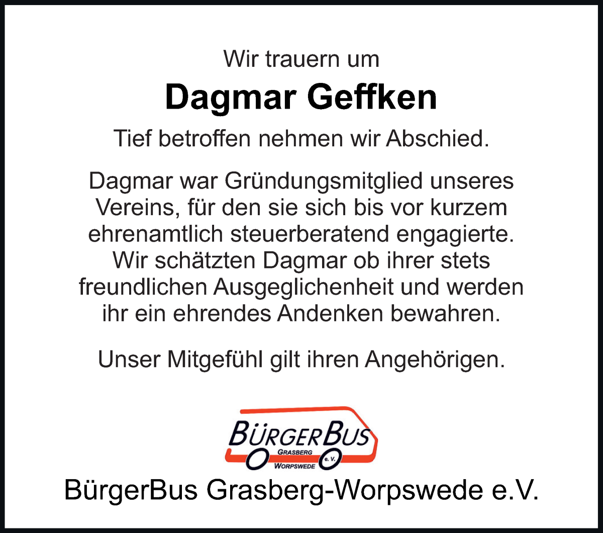 Traueranzeige von Dagmar Geffken von Wuemme Zeitung