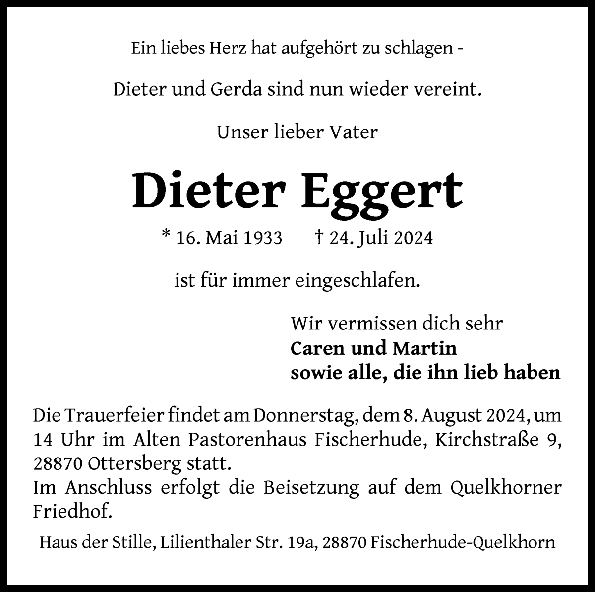 Traueranzeige von Dieter Eggert von WESER-KURIER