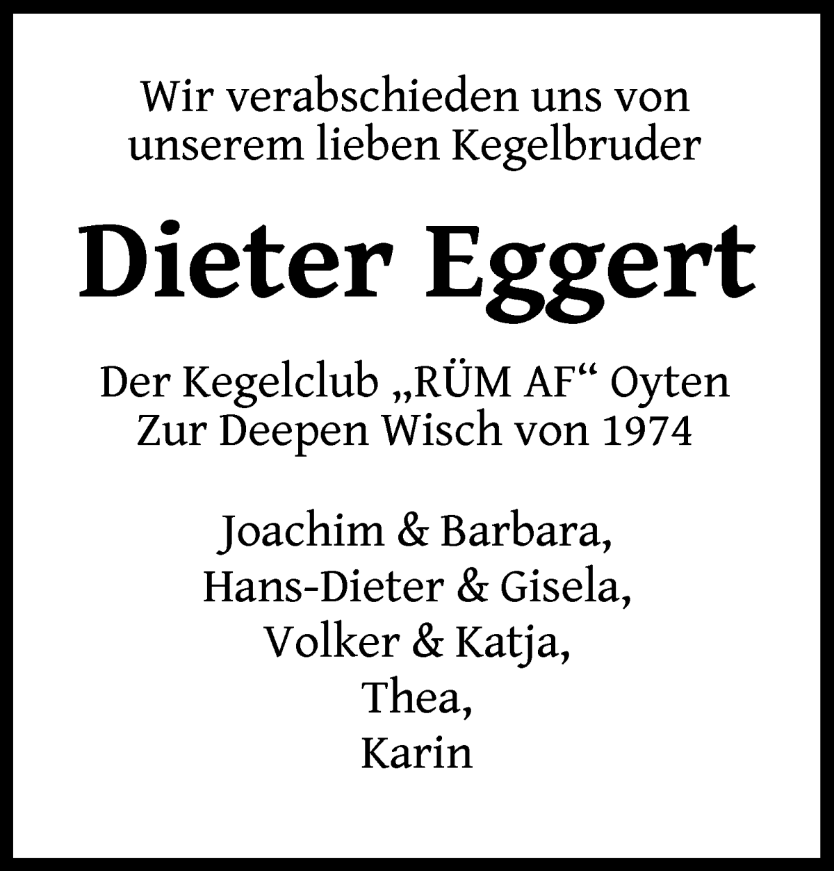 Traueranzeige von Dieter Eggert von Achimer Kurier/Verdener Nachrichten