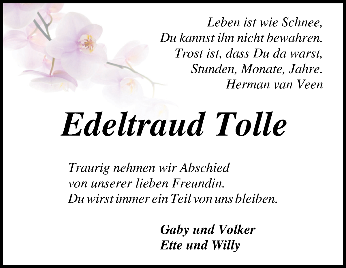 Traueranzeige von Edeltraud Tolle von Osterholzer Kreisblatt