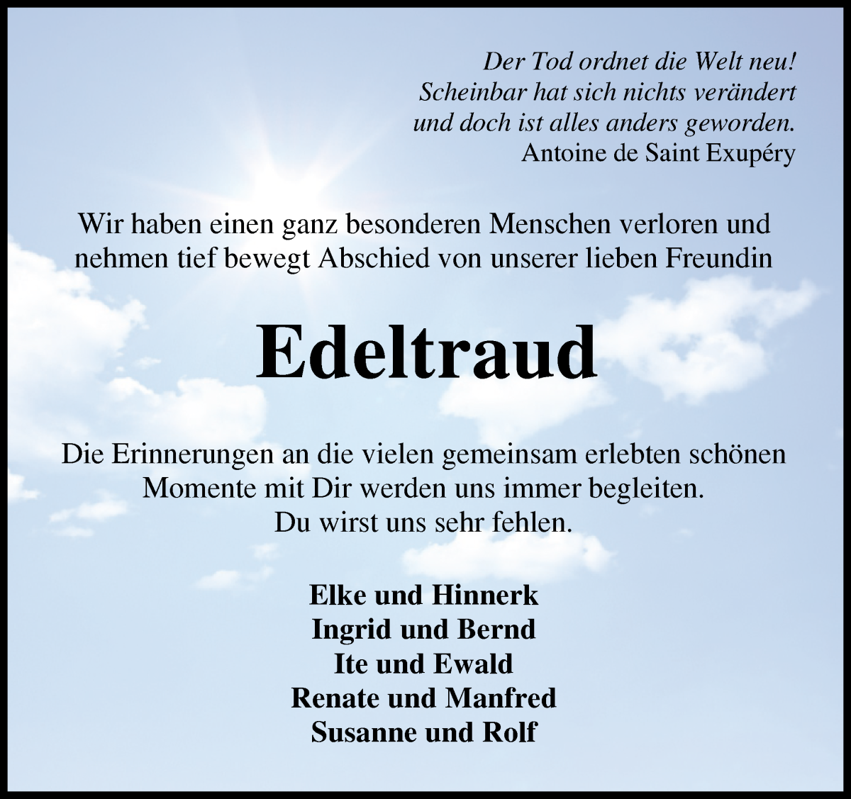 Traueranzeige von Edeltraud Tolle von Osterholzer Kreisblatt