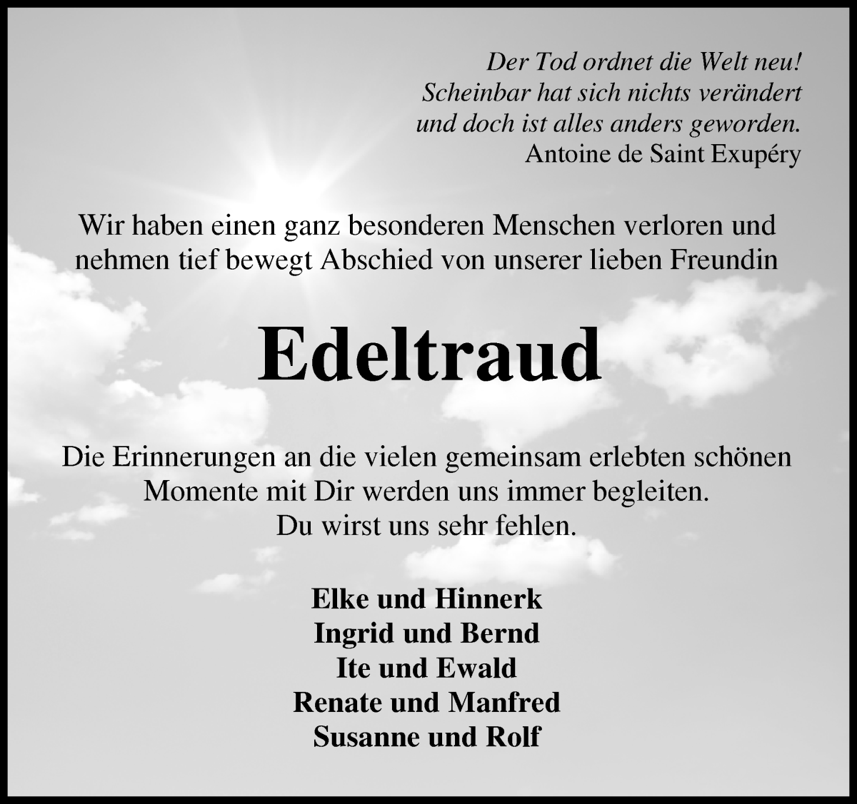 Traueranzeige von Edeltraud Tolle von Osterholzer Kreisblatt