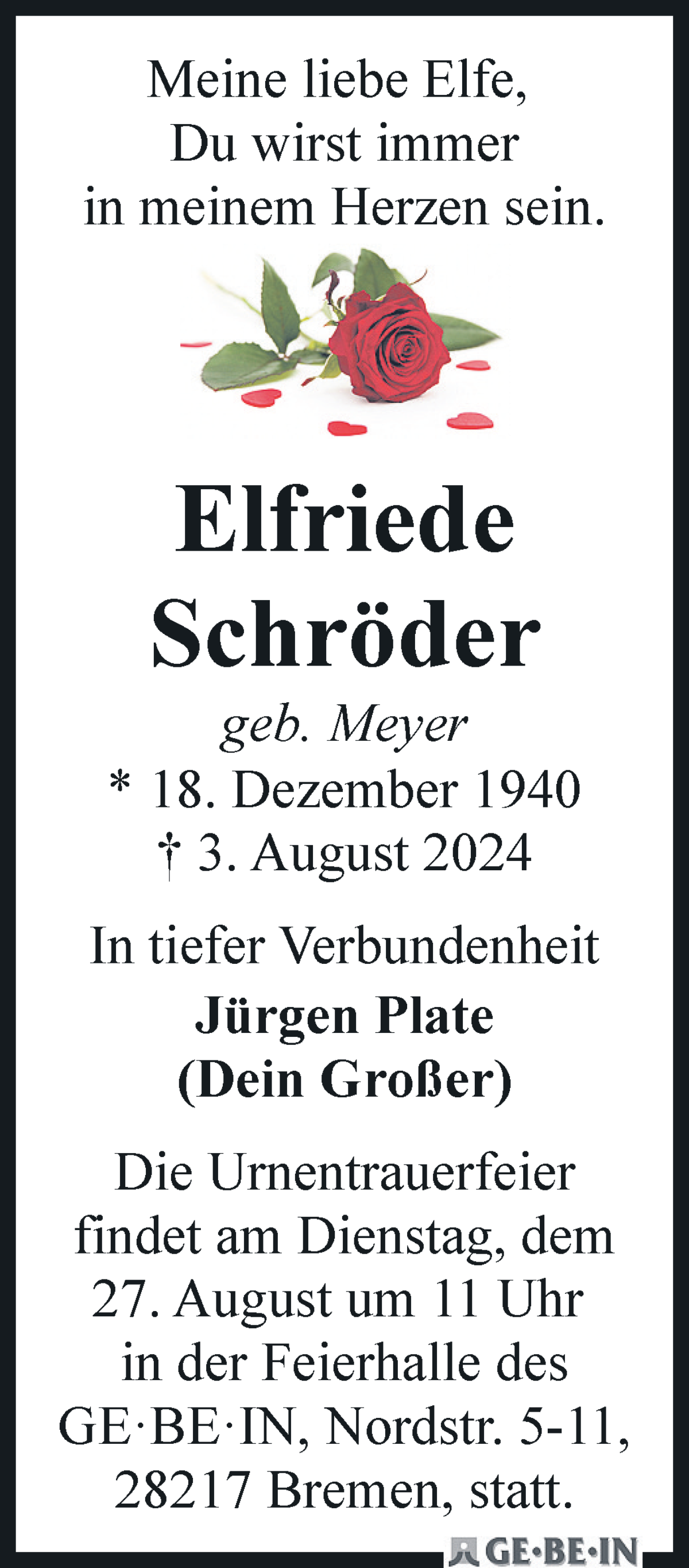 Traueranzeige von Elfriede Schröder von WESER-KURIER