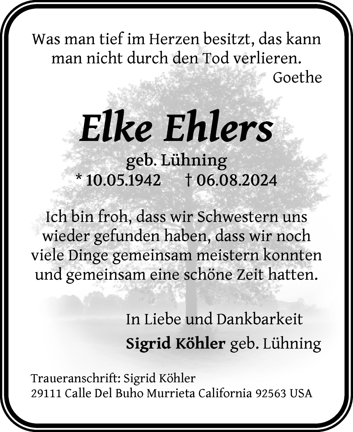 Traueranzeige von Elke Ehlers von WESER-KURIER