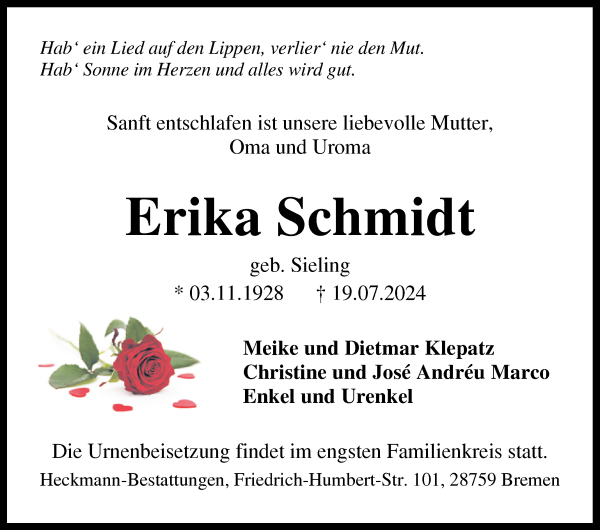 Traueranzeige von Erika Schmidt von Die Norddeutsche