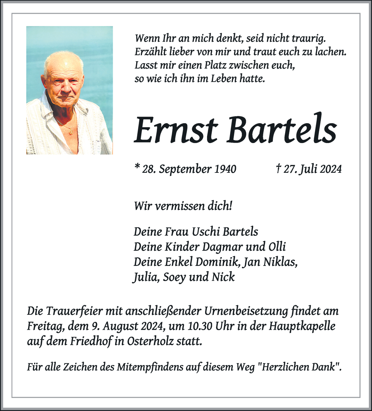 Traueranzeige von Ernst Bartels von WESER-KURIER