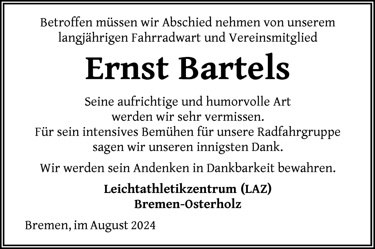 Traueranzeige von Ernst Bartels von WESER-KURIER