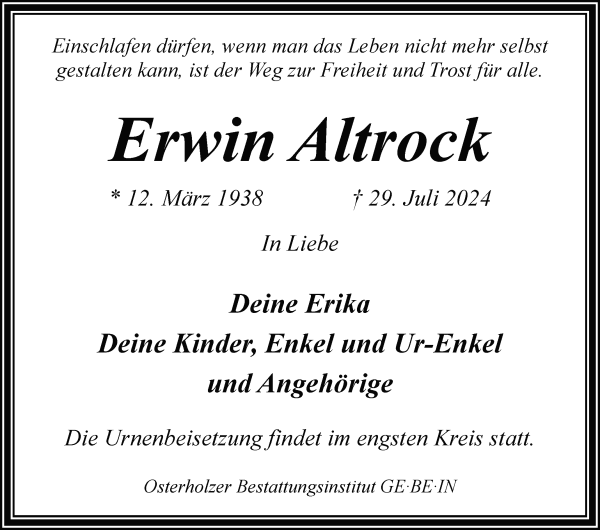 Traueranzeige von Erwin Altrock von WESER-KURIER