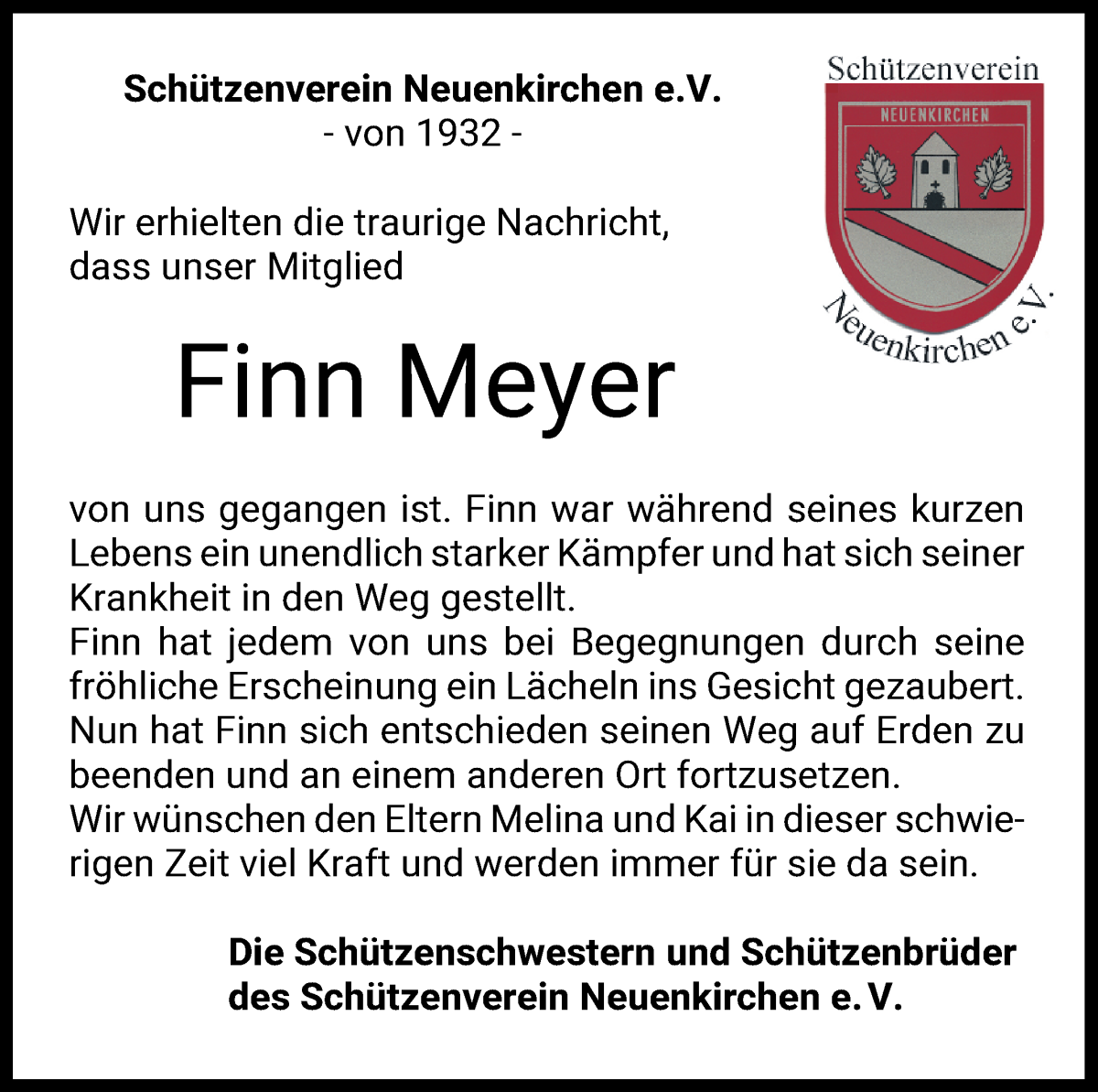  Traueranzeige für Finn Meyer vom 24.08.2024 aus Die Norddeutsche