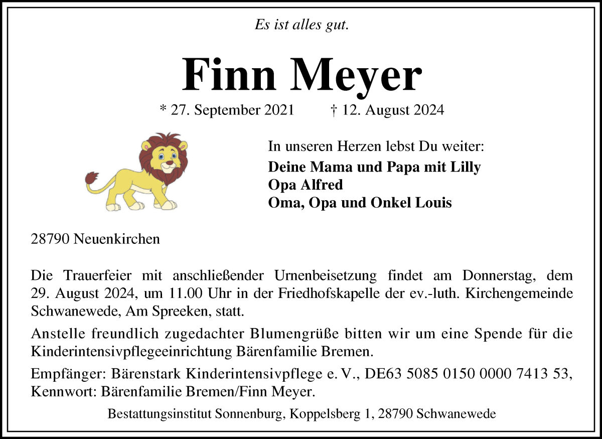  Traueranzeige für Finn Meyer vom 24.08.2024 aus Die Norddeutsche