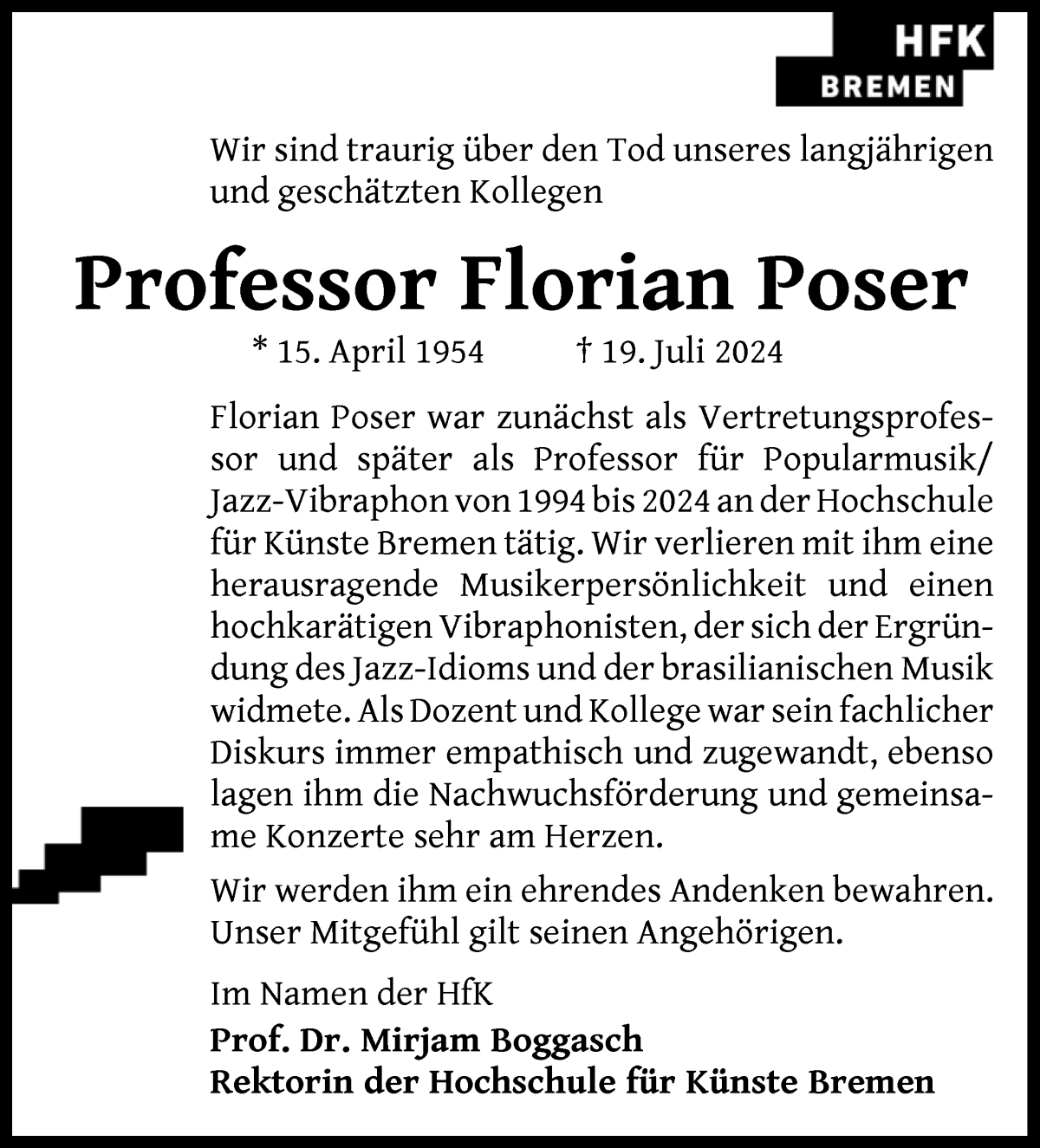 Traueranzeige von Florian Poser von WESER-KURIER