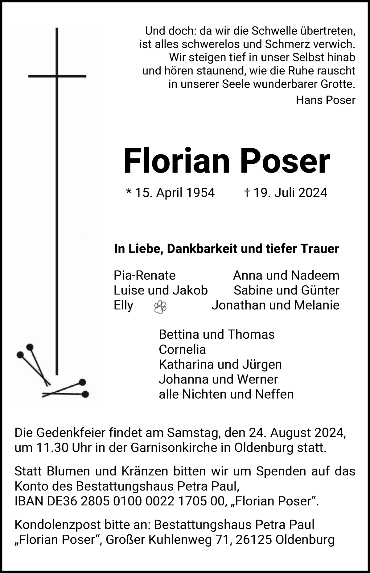 Traueranzeige von Florian Poser von WESER-KURIER