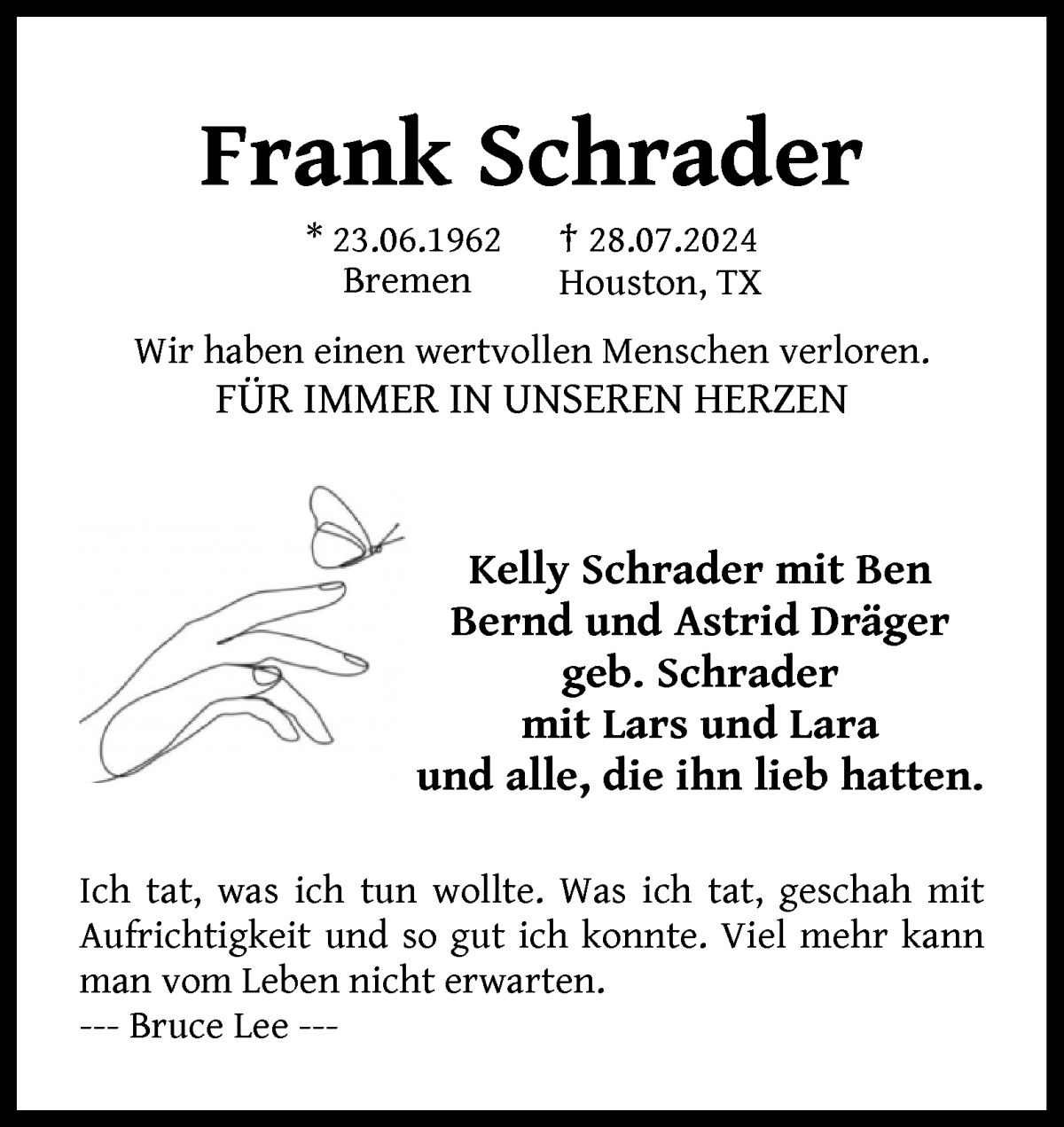  Traueranzeige für Frank Schrader vom 03.08.2024 aus WESER-KURIER