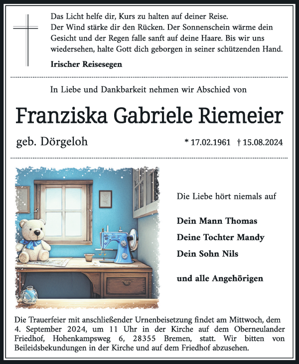 Traueranzeige von Franziska Gabriele Riemeier von WESER-KURIER