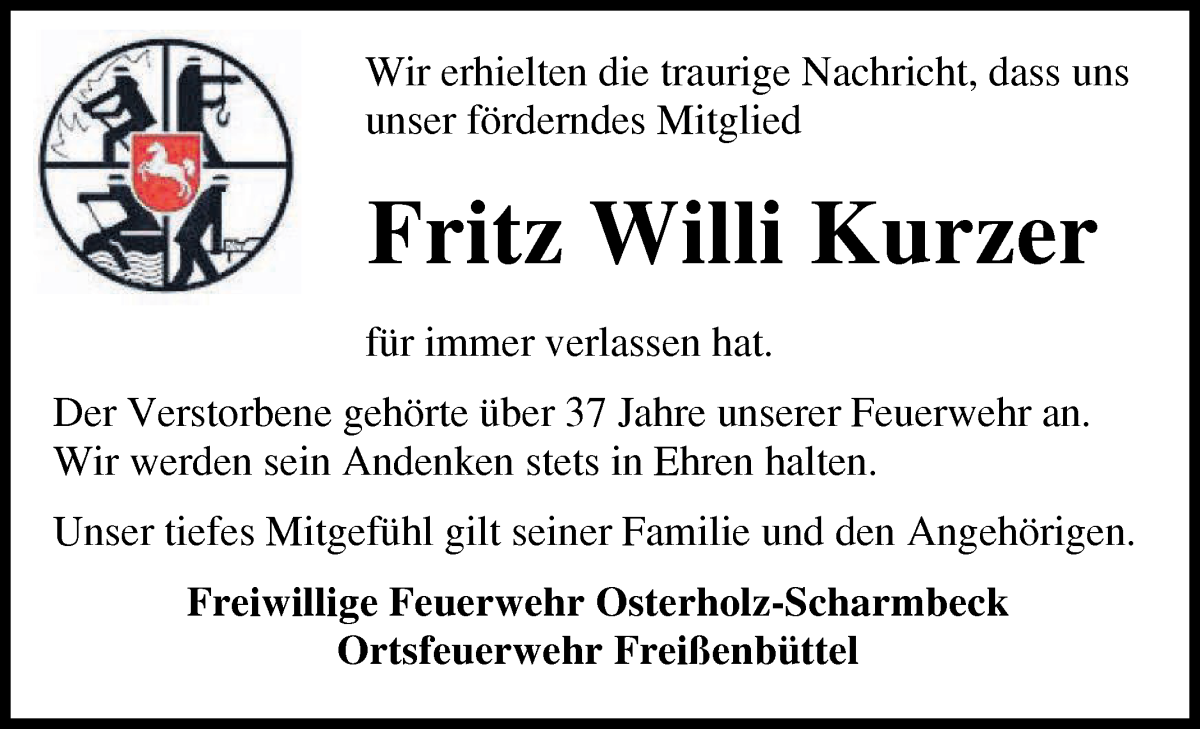 Traueranzeige von Fritz Willi Kurzer von Osterholzer Kreisblatt